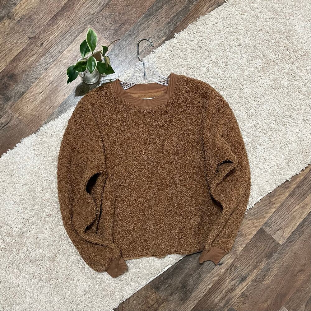 American Eagle XS Oversized Brown Sherpa Teddy Cropped Pullover Sweatshirt